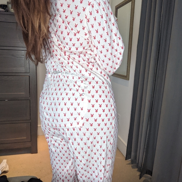 PLAYBOY Intimates & Sleepwear Playboy Onesie Open Butt Vintage White Pajamas Red Bunnies